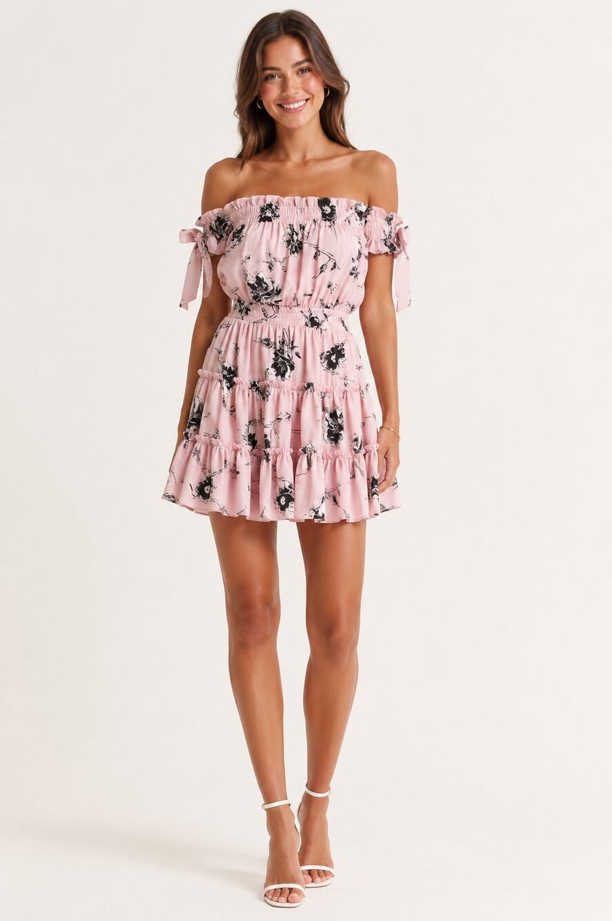 MISA Los Angeles Laiyin Floral Mini Dress Womens Small Off The Shoulder Pink